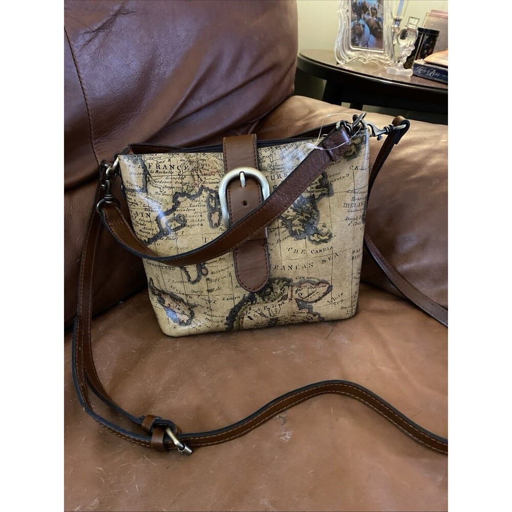 NWOT Patricia Nash Italian Leather Irving Bucket Crossbody Bag European Map